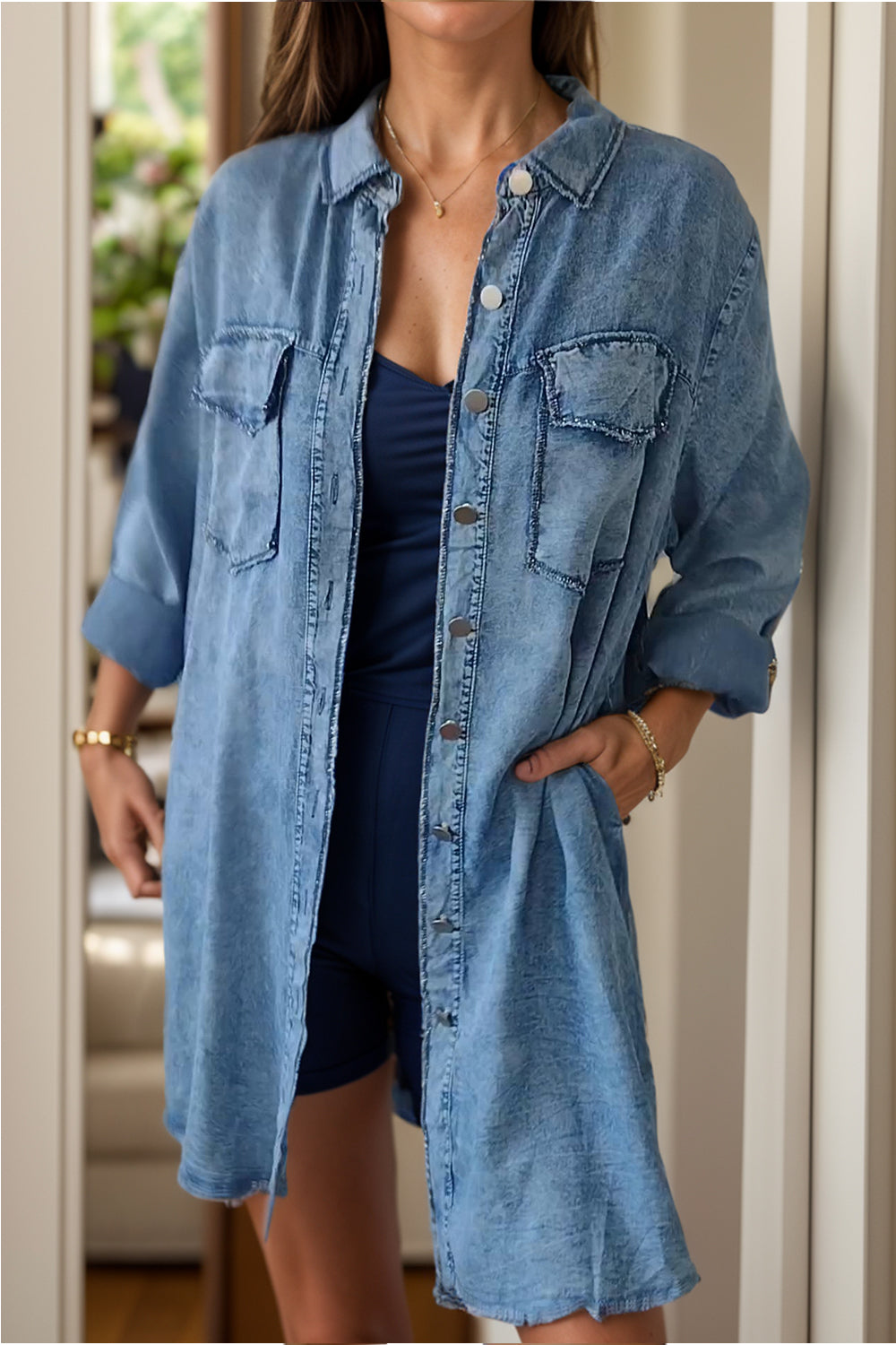 Full Size Pocketed Button Up Long Sleeve Denim Jacket