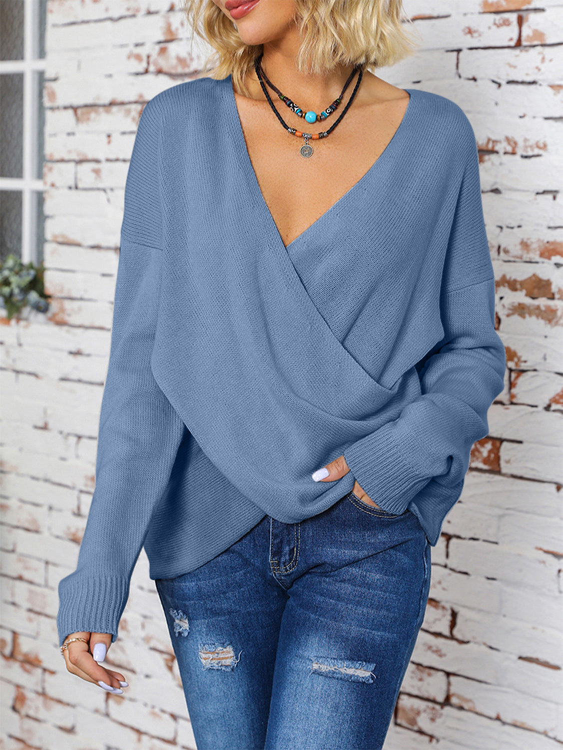 Surplice Dropped Shoulder Long Sleeve Sweater