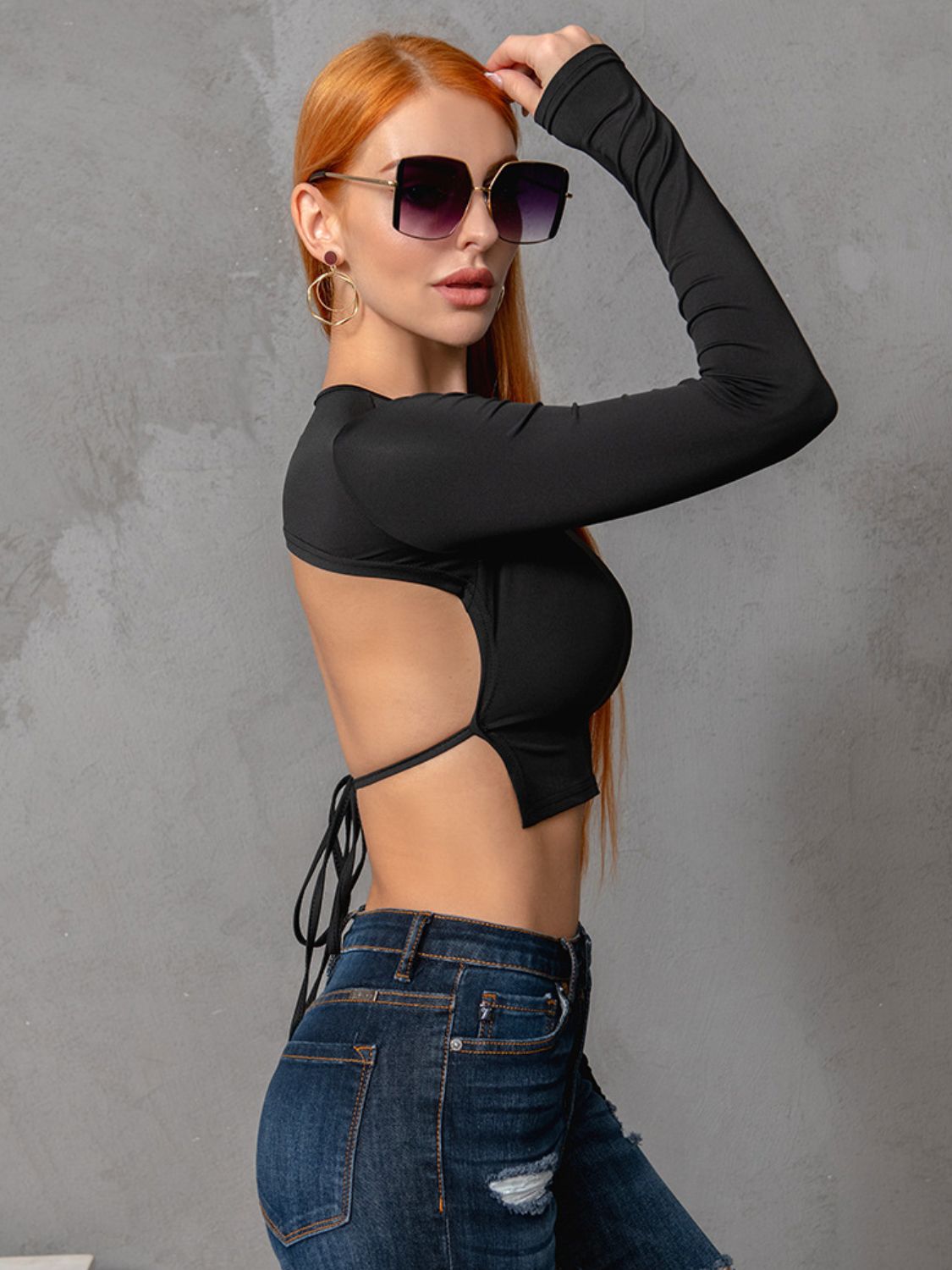 Round Neck Cropped Backless Tie Back Blouse