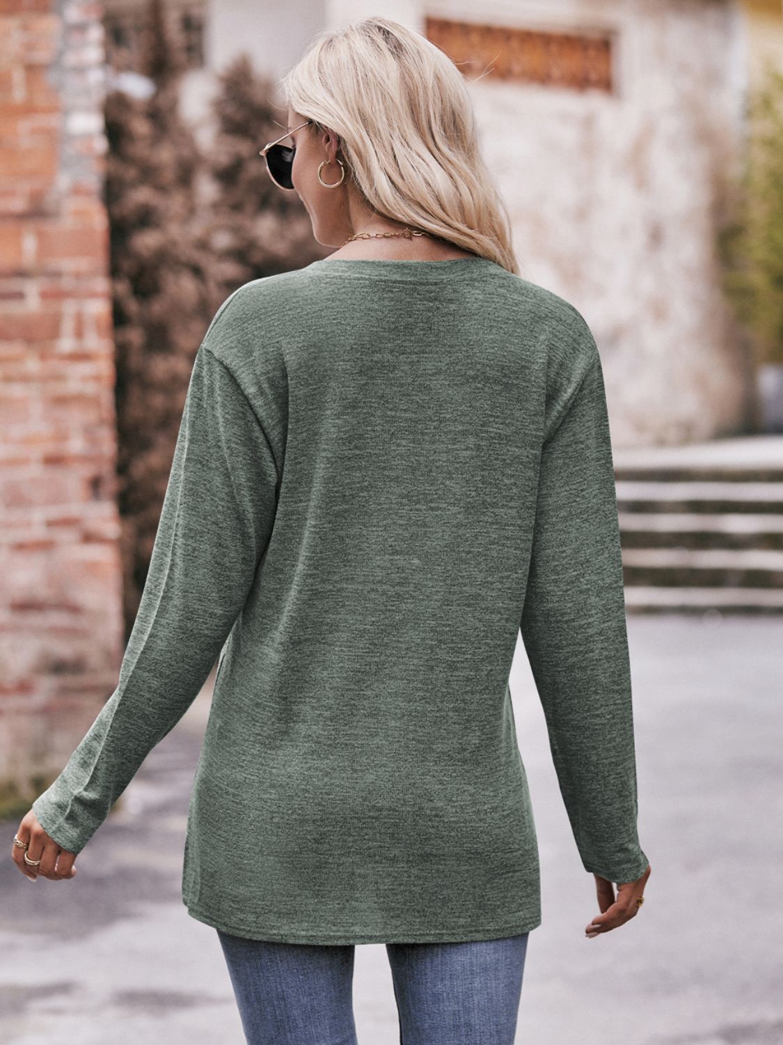 Buttoned Notched Neck Long Sleeve Top