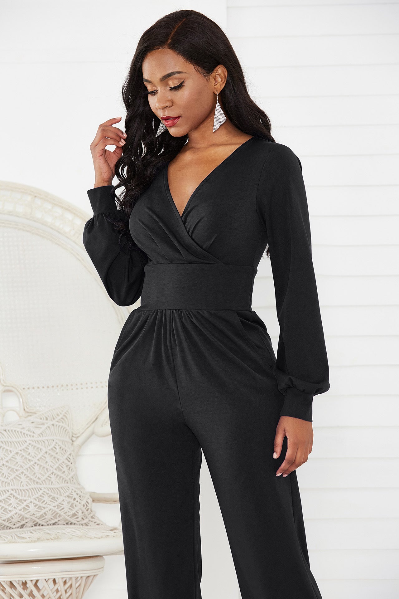 Gathered Detail Surplice Lantern Sleeve Jumpsuit