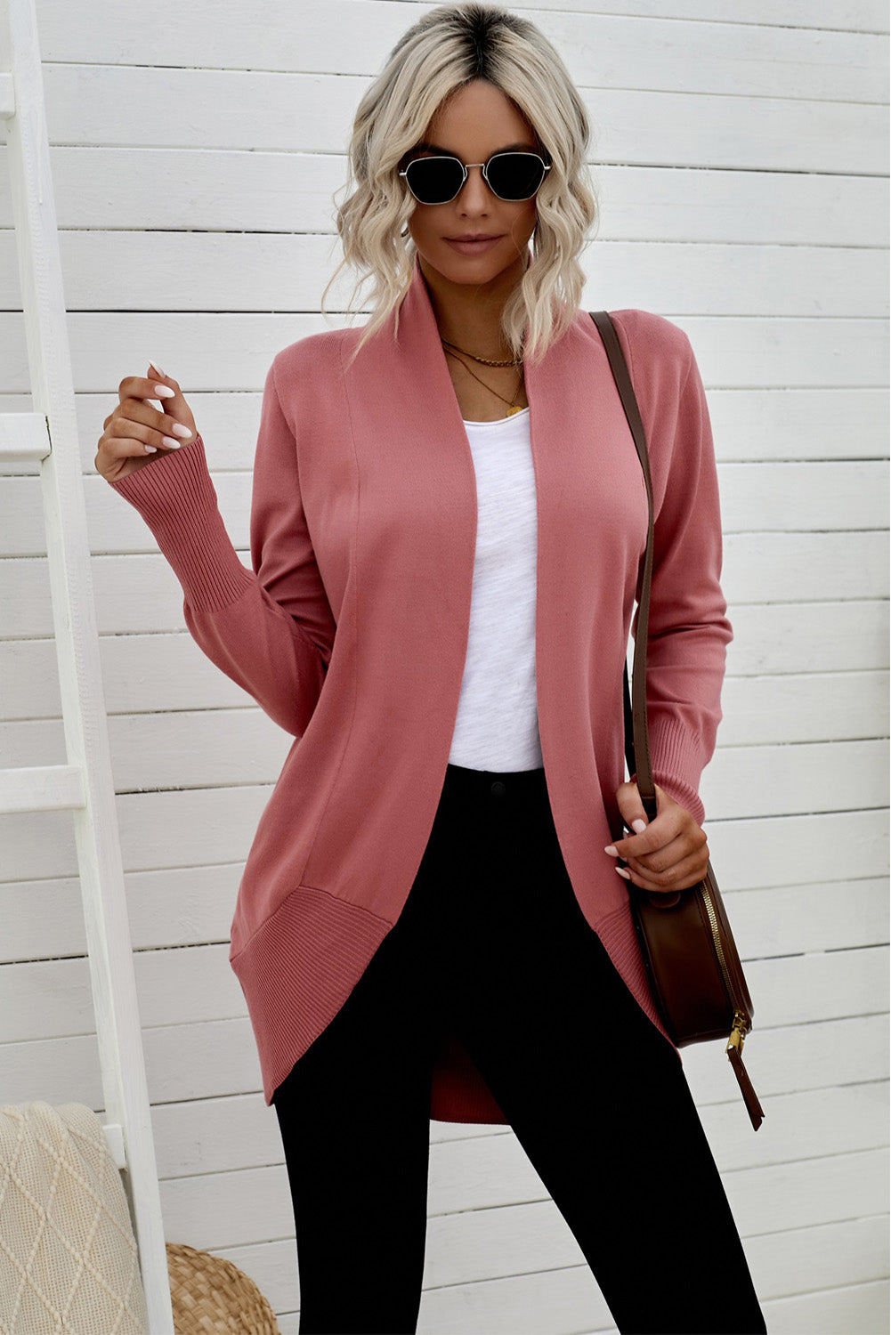 Long Sleeve Ribbed Hem Open Front Longline Cardigan