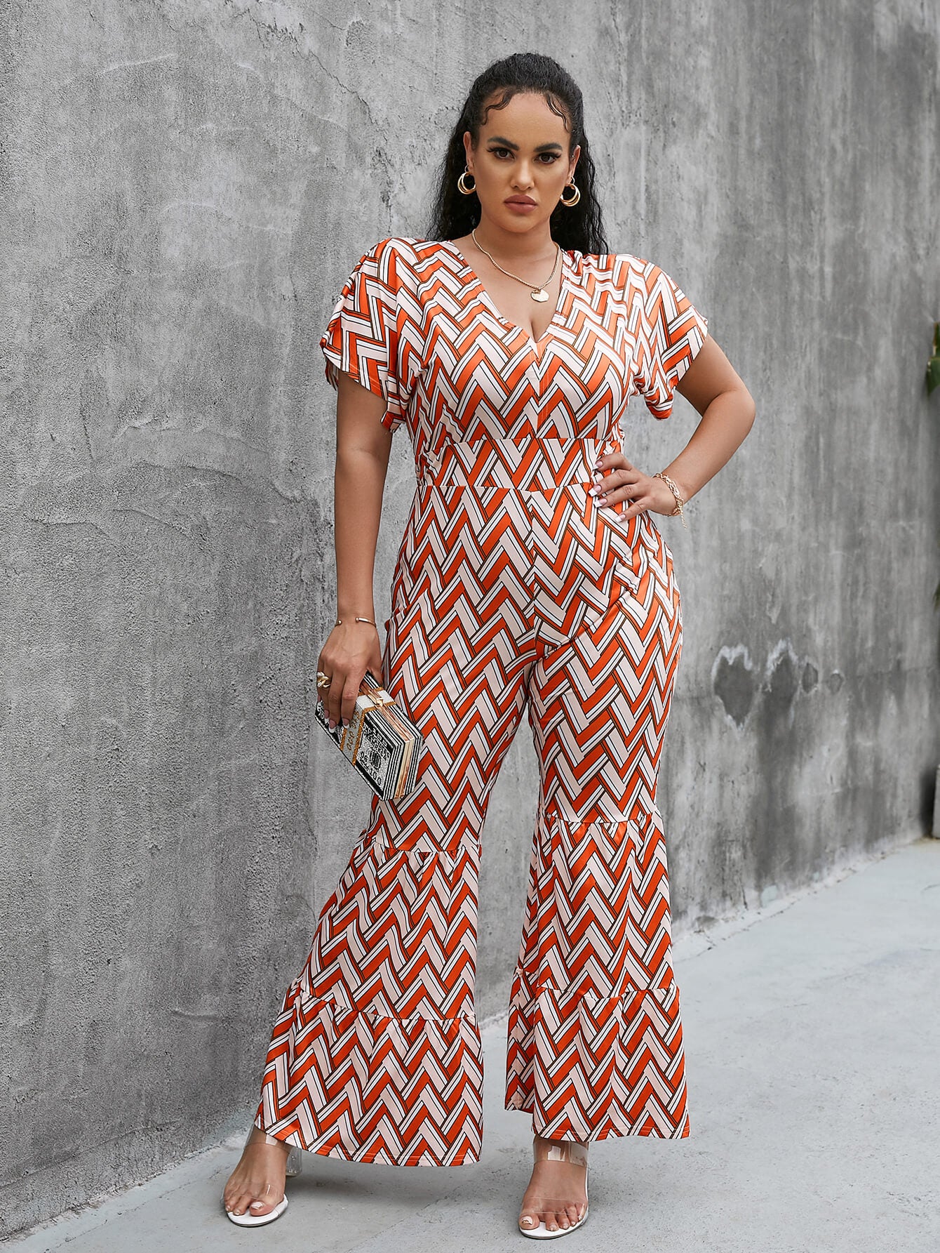 Plus Size Chevron Stripe Short Sleeve Jumpsuit