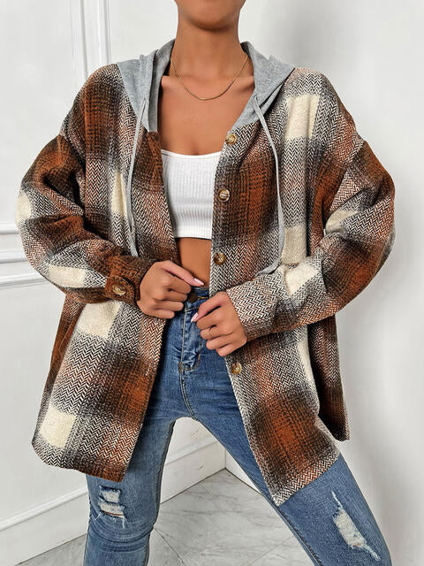 Plaid Drawstring Hooded Jacket