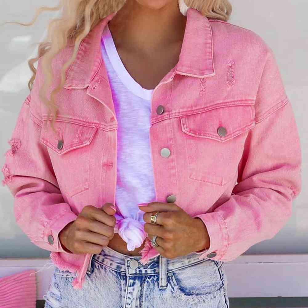 Distressed Raw Hem Dropped Shoulder Denim Jacket