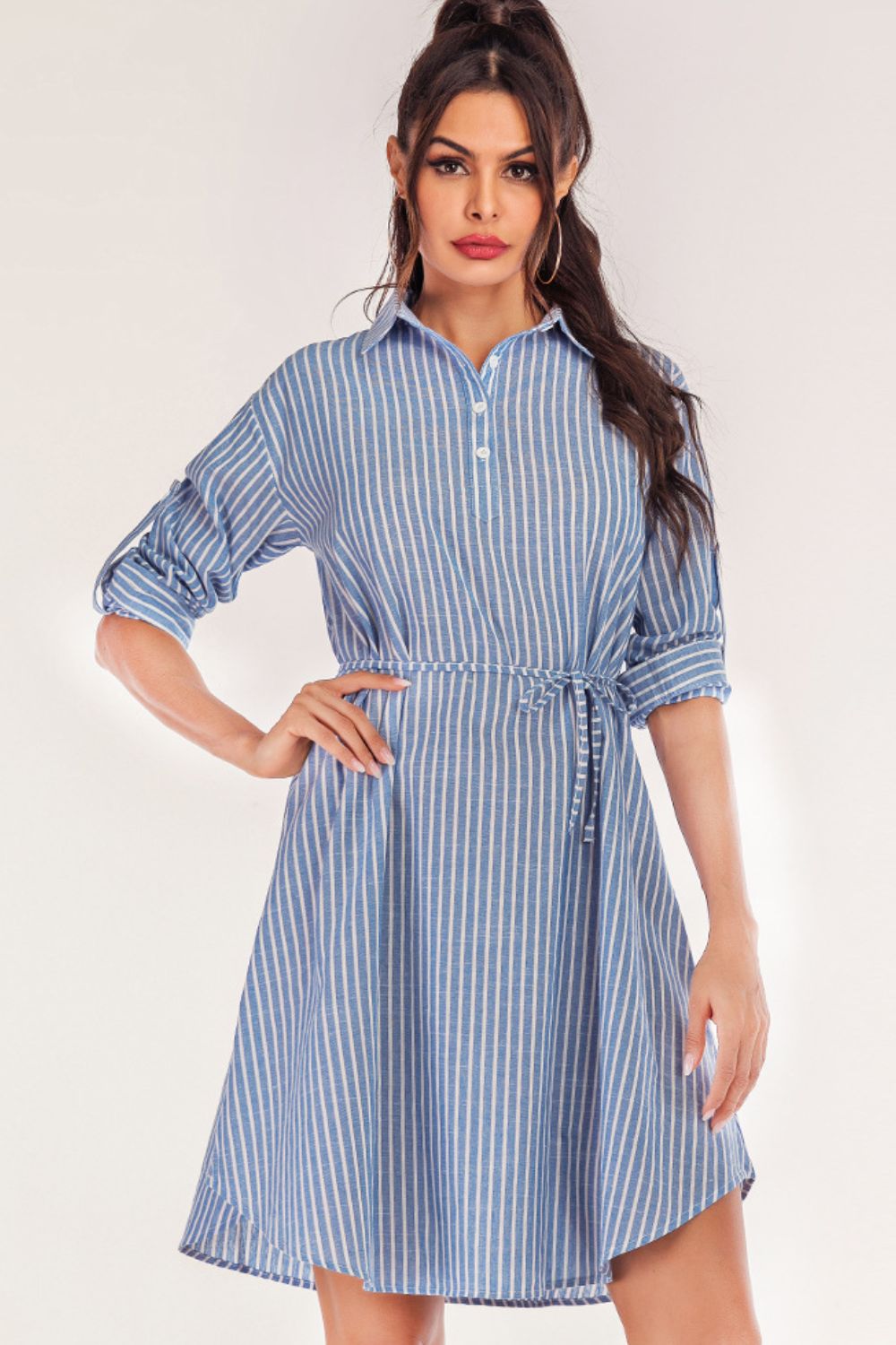 Full Size Striped Quarter-Button Roll-Tab Sleeve Shirt Dress