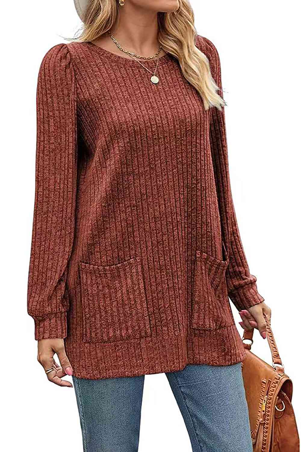 Ribbed Round Neck Long Sleeve T-Shirt