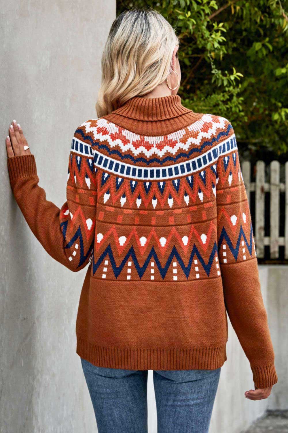 Chevron Turtleneck Ribbed Trim Sweater