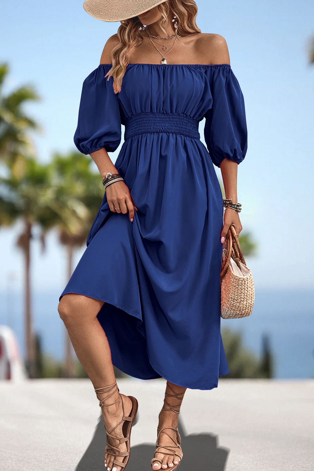 Square Neck Smocked Waist Puff Sleeve Midi Dress