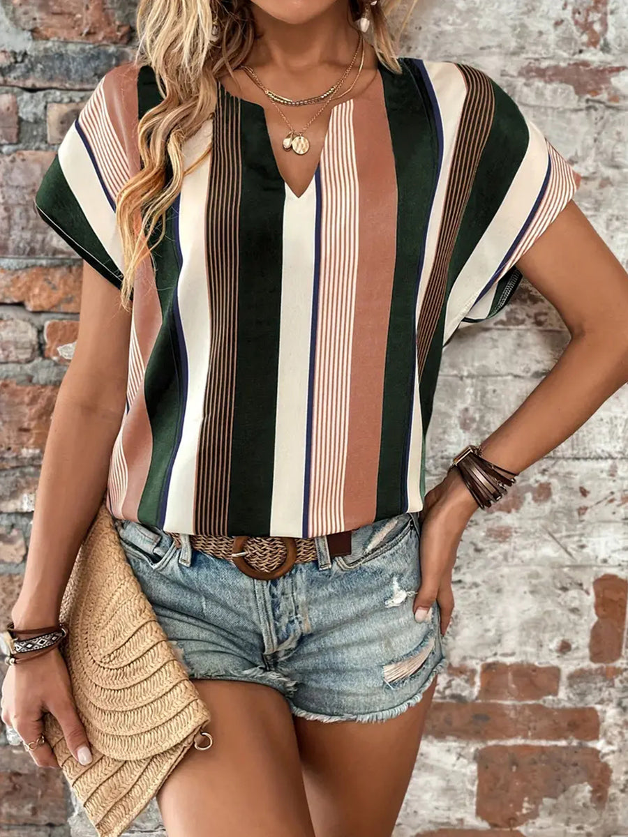 Striped Notched Neck Short Sleeve Blouse