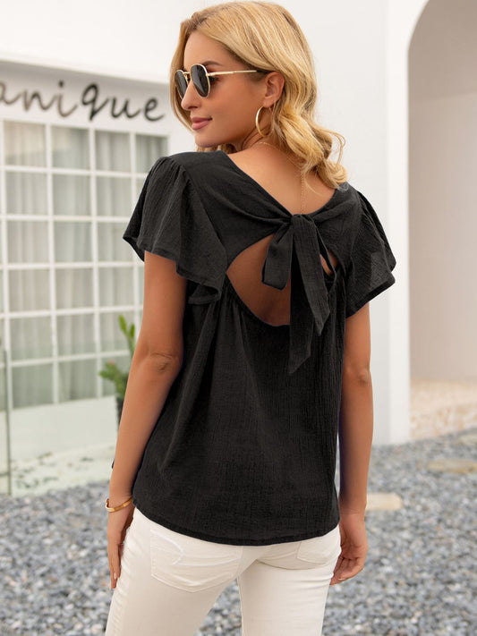 Round Neck Cutout Tie Back Top