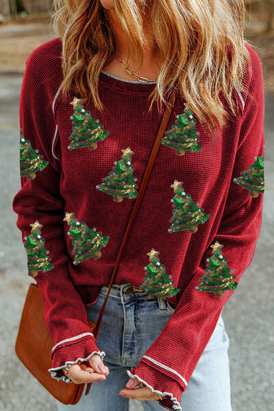 Christmas Tree Sequin Waffle Knit Long Sleeve Sweatshirt