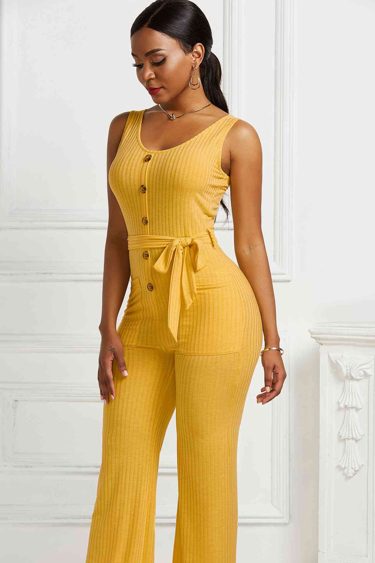 Button Detail Tie Waist Jumpsuit with Pockets