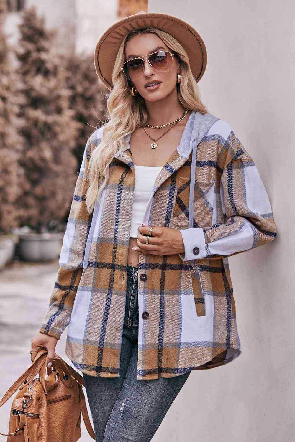 Plaid Dropped Shoulder Hooded Jacket